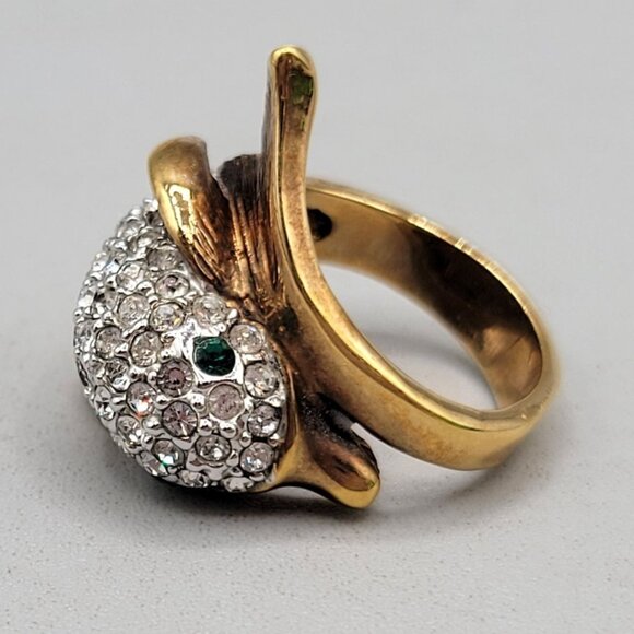 Rhinestone Encrusted Dolphin Ring Green Eyes Gold Tone Fashion Size 7.5 - Picture 1 of 6